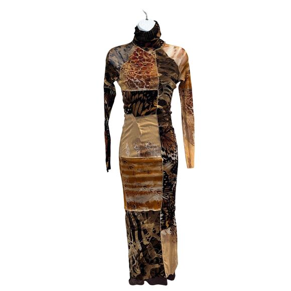 Fuzzi Patchwork Mesh Midi Dress SMALL Slinky Bodycon Designer Mockneck $700 - Picture 8 of 14